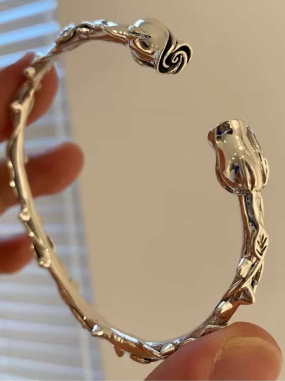 Silver Rose Bud Cuff Bracelet